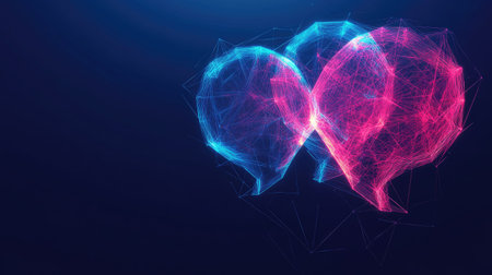 Communication concept banner featuring glowing polygonal speech bubbles against a dark blue backdrop. Ideal for virtual networking, e-commerce, and digital dialogue themes.の素材