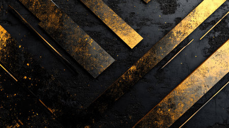 Black space with abstract gold arrow shapes and geometric patterns, offering a cutting-edge design ideal for technology and luxury-themed visuals.の素材