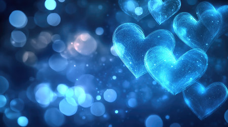 Dreamy neon blue hearts glowing against a blurred bokeh background, forming a banner design with a romantic, ethereal feel and text space.の素材