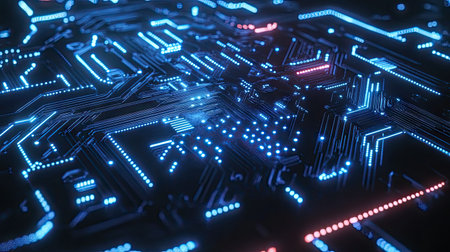 Digital Artificial Intelligence concept with electric circuit patterns and tech design. Suitable for logos, social media, and mobile apps. Emphasizes a futuristic machine learning aesthetic.の素材