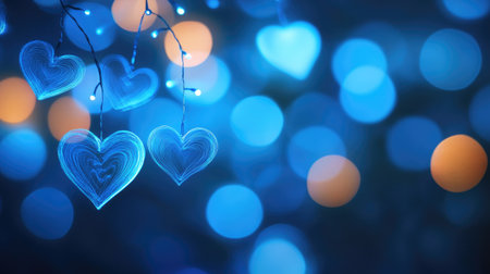 Dreamy neon blue hearts glowing against a blurred bokeh background, forming a banner design with a romantic, ethereal feel and text space.の素材