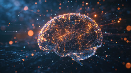 Digital 2D illustration of an AI brain with glowing connections and data flow. Highlights machine learning and intelligence technology. Perfect for modern tech visuals.の素材