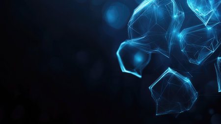 Glowing polygonal speech bubbles on a dark blue background, ideal for showcasing communication and virtual networking themes. Includes ample copy space for text and e-commerce concepts.の素材