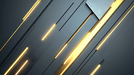 Futuristic geometric design featuring gold light arrows on a grey backdrop. The modern vector illustration includes ample blank space, ideal for high-tech and stylish presentations.の素材