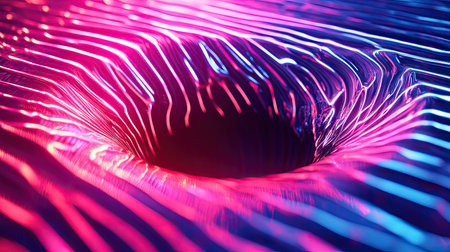 Eye-catching sinkhole with neon striped lines and techno theme. Ideal for use in modern art backgrounds, advertisement posters, web banners, and product packaging design.の素材