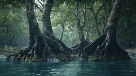 Mangrove forest landscape with old, lichen-covered trees, roots sprawling into the water. A serene, natural environment captured with an emphasis on texture and detail.の素材
