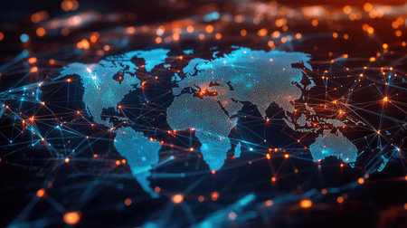 Futuristic world map with abstract data connections and telecommunication network lines. Vector illustration showcasing global business interactions and data flow.の素材