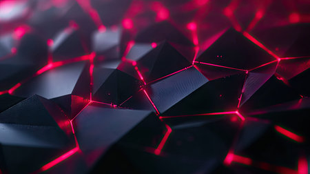 High-tech black polygon background featuring striking red light effects, perfect for a futuristic and technological design.の素材