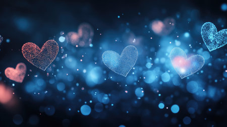 Glowing neon blue hearts in a bokeh banner design on a dark background, creating a dreamy and romantic atmosphere with ample space for text.の素材