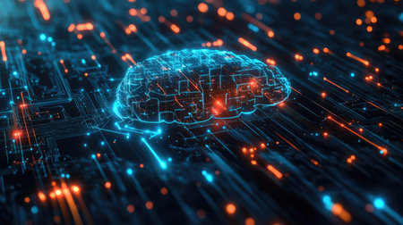 Futuristic AI visual with electric circuit lines and digital effects. Ideal for tech graphics, website design, and social media. Modern machine learning theme with a sleek, high-tech look.の素材