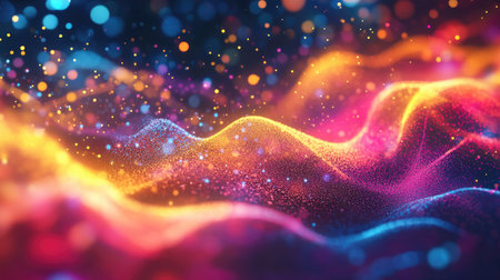 Glowing particles creating a dynamic liquid flow effect in a trendy fluid cover design. Perfect for modern backgrounds and visuals. Eps10 vector illustration. -の素材