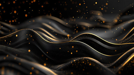 High-end 3D black background with elegant, wavy gold lines and gentle sparkles, creating a rich and luxurious template with room for copy. --の素材