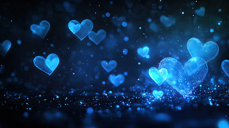 Glowing neon blue hearts in a bokeh banner design on a dark background, creating a dreamy and romantic atmosphere with ample space for text.の素材