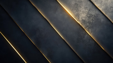Luxurious dark grey background with diagonal gold light lines and subtle shadowing, perfect for a modern and refined design.の素材