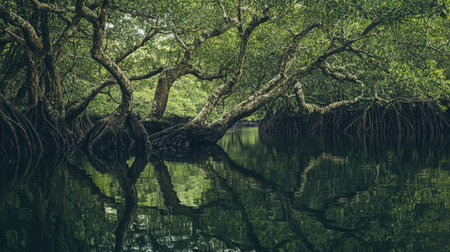 Lichen-covered trees in a tranquil mangrove forest, with twisted roots and lush greenery. The calm waters reflect the dense vegetation in a stunning, natural setting.の素材