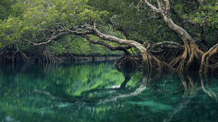 Lichen-covered trees in a tranquil mangrove forest, with twisted roots and lush greenery. The calm waters reflect the dense vegetation in a stunning, natural setting.の素材