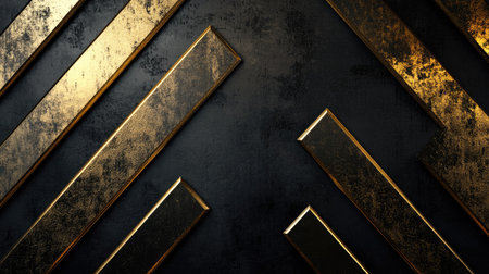 Modern luxury background featuring abstract gold arrows in a geometric pattern on a black blank space, emphasizing futuristic and creative technology concepts.の素材