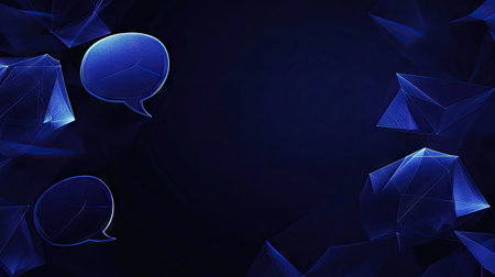 Modern banner with dark blue polygonal design and luminous speech bubbles. Perfect for virtual networking, dialogue, and e-commerce themes with ample space for copy.の素材