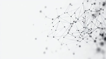 Minimalist tech background with a network of connected dots and plexus lines on white. Abstract digital design symbolizing data analysis and technology integration.の素材