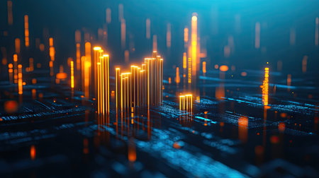 Modern glowing candlestick chart in 3D, set against a vibrant blue backdrop. Symbolizes market fluctuations and financial data analysis. Perfect for finance and trading presentations.の素材