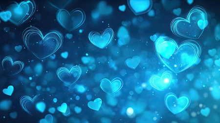 Neon blue hearts glowing in a soft bokeh style, creating an enchanting banner design with space for text, perfect for romantic themes.の素材