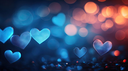Neon blue hearts glowing softly in a bokeh effect, forming a beautiful banner design with a romantic vibe and copy space. -の素材