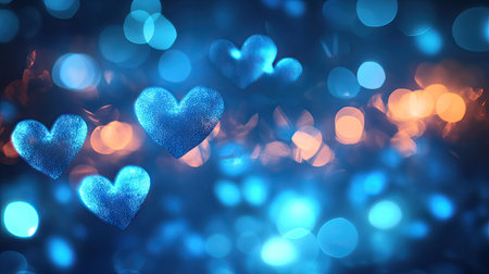 Softly glowing neon blue hearts with a bokeh effect, creating an enchanting banner design with space for personalized text.の素材