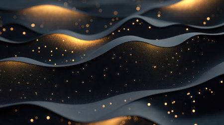 Sophisticated abstract 3D design featuring carbon-textured black paper layers with sparkling golden dots, perfect for an elegant and contemporary visual. -の素材