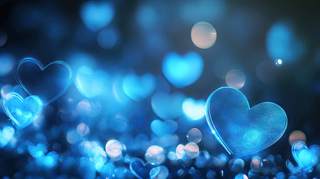 Softly glowing neon blue hearts with a bokeh effect, creating an enchanting banner design with space for personalized text.の素材