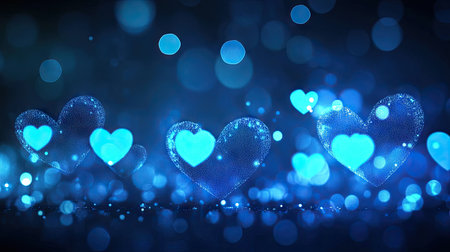 Softly glowing neon blue hearts with a bokeh effect, creating an enchanting banner design with space for personalized text.の素材