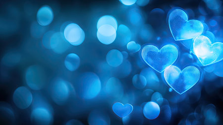 Soft bokeh effect with glowing neon blue hearts forming a dreamy banner design, ideal for romantic or love-themed projects with text space.の素材