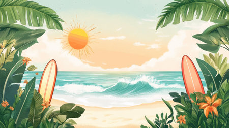 Vector summer background with a beach scene, complete with waves, surfboards, and sunshine. Ideal for summer sale illustrations and holiday promotions.の素材