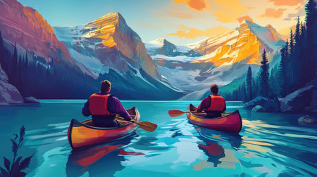 Two men in canoes navigating a river with a stunning mountain backdrop, depicted in a vibrant vector illustration. Perfect for themes of adventure, exploration, and water sports.の素材