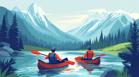 Vector scene of two men enjoying a day of canoeing on a river, with scenic mountains and forests all around. A picturesque and dynamic illustration for outdoor activities.の素材