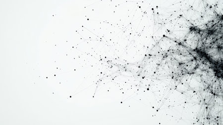 White background with a complex network of tech connection dots and plexus lines. Abstract design symbolizing digital technology, data flow, and modern connectivity.の素材