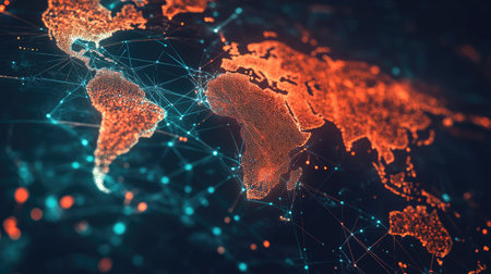 World map with abstract global data connections and telecommunication network lines. Vector illustration displaying interconnected nodes and business data flow.の素材