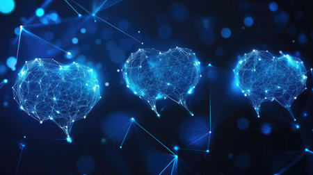 Virtual networking and e-commerce theme with illuminated speech bubbles on a dark blue polygonal background. Modern design with ample copy space for your message. -の素材