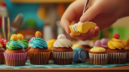 A vibrant display of delicious cupcakes with colorful frosting and playful decorations. Perfect for showcasing creativity in baking and desserts.の素材