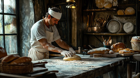 An artisan baker skillfully prepares fresh dough in a rustic kitchen, showcasing the art of traditional baking with a cozy atmosphere and natural ingredients.の素材
