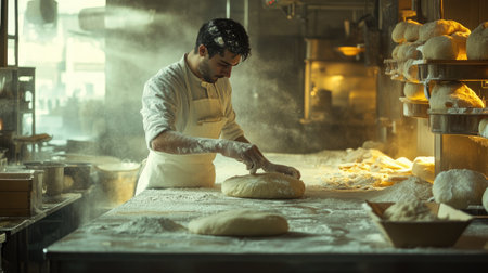 A skilled baker uses hands to knead fresh dough in a flour-covered kitchen, capturing the essence of artisanal baking and culinary tradition.の素材
