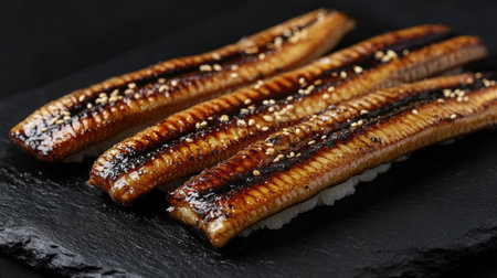 Indulge in beautifully arranged Anago sushi, featuring shiny eel on a dark plate. This gourmet dish highlights fresh flavors and exquisite presentation.の素材