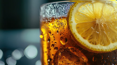 A close-up image of chilled iced lemon tea served in a glass, garnished with lemon slices. Perfect for refreshing moments in warm weather or gatherings.の素材