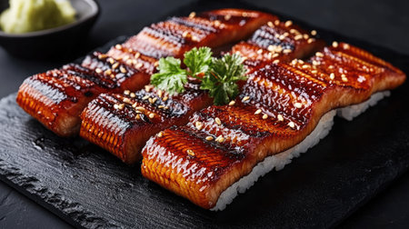 A beautifully arranged plate of anago sushi featuring glossy eel on rice, garnished with fresh herbs and accompanied by wasabi, perfect for seafood lovers.の素材