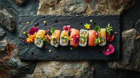 Experience a beautifully plated assortment of sushi rolls garnished with colorful flowers and herbs, served on a black slate, ideal for any culinary setting.の素材