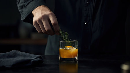 A skilled barista garnishes a cocktail with fresh rosemary, showcasing modern mixology in a stylish setting. Ideal for culinary and beverage themes.の素材