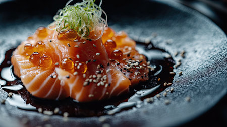 Enjoy the exquisite presentation of perfectly sliced salmon sashimi, beautifully plated with garnishes and sauce, showcasing gourmet culinary art and vibrant colors.の素材
