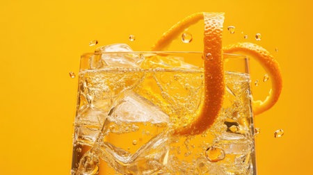 A refreshing glass of orange lemonade filled with ice, garnished with a twist of orange peel, ideal for a summer drink. Enjoy the fizz and vibrant color.の素材