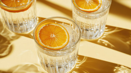 Experience the refreshing taste of homemade orange lemonade. This close-up image captures vibrant slices of orange in clear glasses, perfect for summer enjoyment.の素材