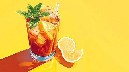 A vibrant and refreshing iced tea served in a clear glass. This delightful drink is garnished with fresh lemon slices and mint leaves, perfect for summer enjoyment.の素材