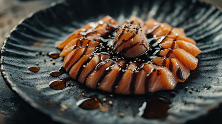 A beautifully presented plate of perfectly sliced salmon sashimi drizzled with rich sauce, garnished with sesame seeds, showcasing exquisite culinary art.の素材